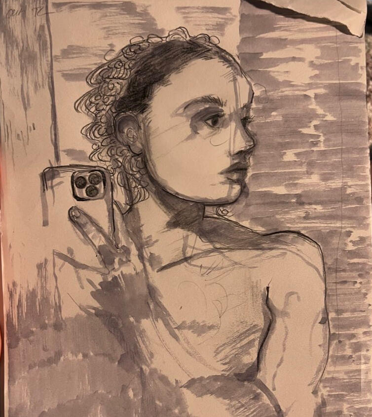 Self-portrait, marker, pencil, and ink on paper