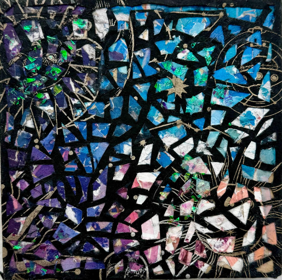 Stained glass window, collage on wood panel