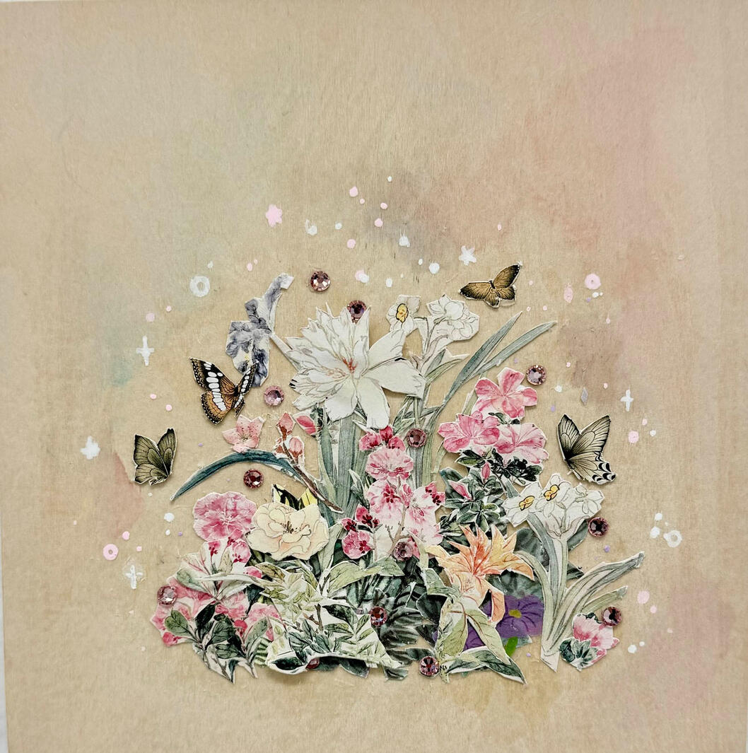 Desktop garden, collage on wood panel